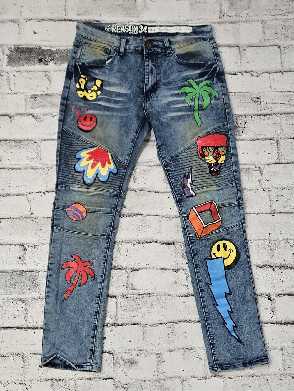 Reason NYC Mens Graphic Patch Moto Jeans Size 34 Y2K Streetwear Denim